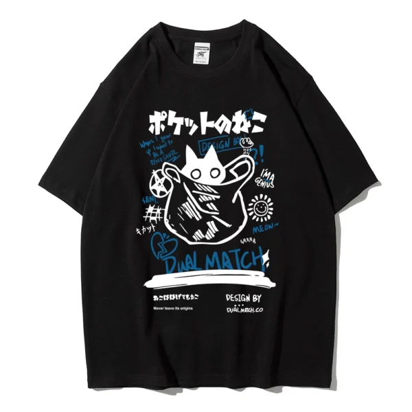 Unisex white t-shirt with large kawaii cartoon cat graphic print on the front