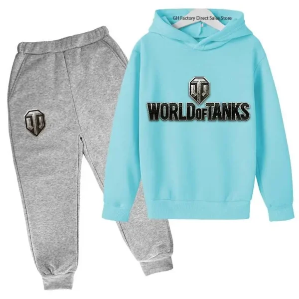 Kid wearing World of Tanks gaming tracksuit set with pullover hoodie and matching joggers - suitable for boys and girls.