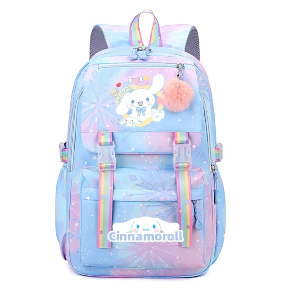 Front view of the MINISO Kuromi & Cinnamoroll backpack showing the cute character print on a large nylon bag.