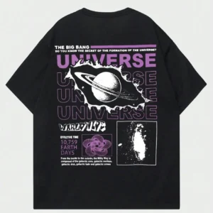 Man wearing the black 'Secret of the Big Bang' universe graphic cotton t-shirt for summer streetwear.
