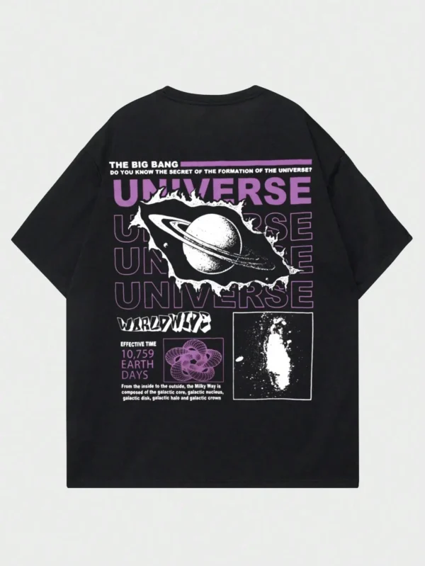 Man wearing the black 'Secret of the Big Bang' universe graphic cotton t-shirt for summer streetwear.