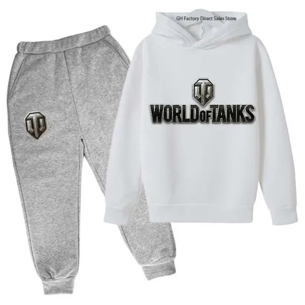 Kid wearing World of Tanks gaming tracksuit set with pullover hoodie and matching joggers - suitable for boys and girls.