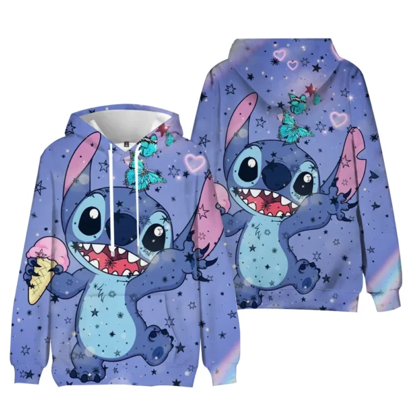 Kawaii Stitch unisex hoodie featuring a cute blue cartoon character print on a comfortable loose-fit sweatshirt.