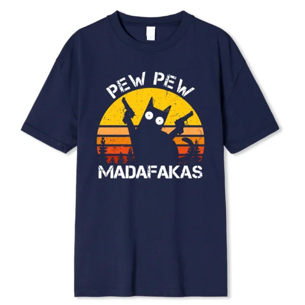 Men's t-shirt with funny graphic print: a cat holding two guns.