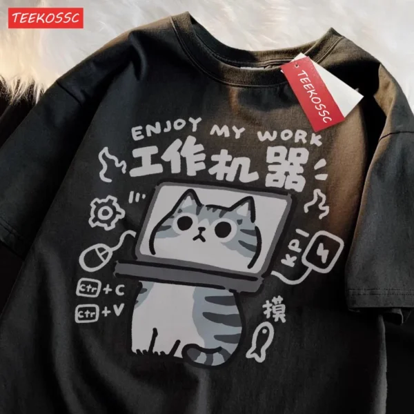 Woman wearing a funny American Shorthair cat t-shirt.