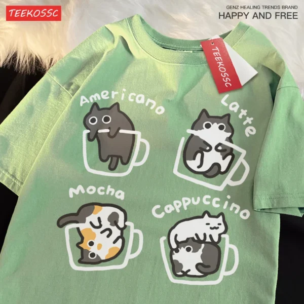 Mocha Latte Cat design printed on a soft cotton unisex t-shirt for cat and coffee lovers.