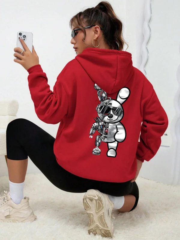 Women's Robot Rabbit Cartoon Print Fleece Hoodie