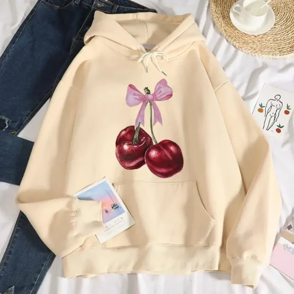Women's Cherry Print Fleece Hoodie for Fall