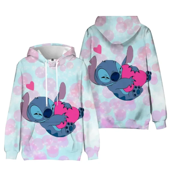Kawaii Stitch unisex hoodie featuring a cute blue cartoon character print on a comfortable loose-fit sweatshirt.
