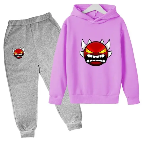 Kids cartoon geometric print pullover hoodie and matching pants tracksuit set for boys and girls.