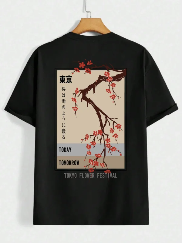Men's O-neck cotton t-shirt featuring 'Tokyo Flower Festival' graphic print - summer streetwear style.