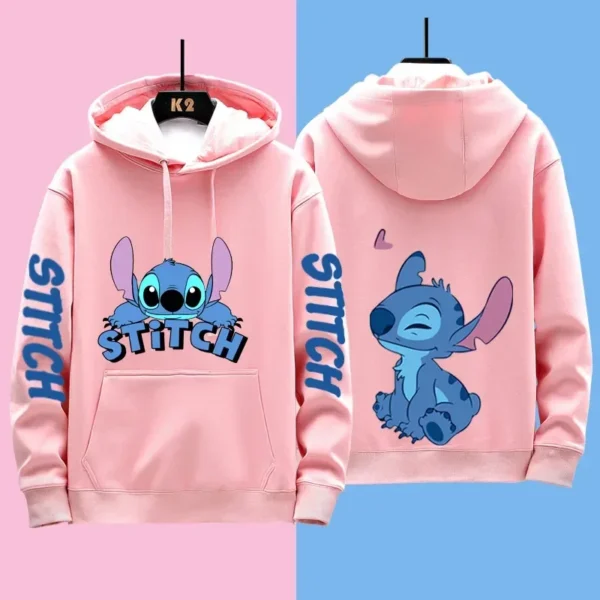 Couple wearing matching grey Disney Stitch pullover hoodies sweatshirt set - official licensed apparel.