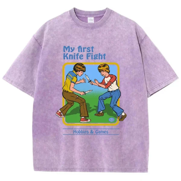 Women's casual streetwear t-shirt with 'My First Knife Fight' cartoon graphic print.