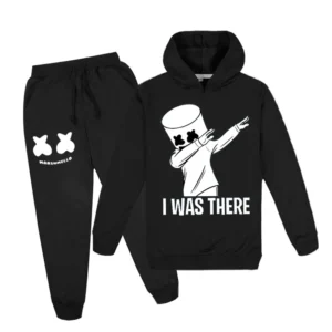 Unisex kids tracksuit featuring white DJ Marshmello graphic hoodie and matching pants displayed on a neutral background.