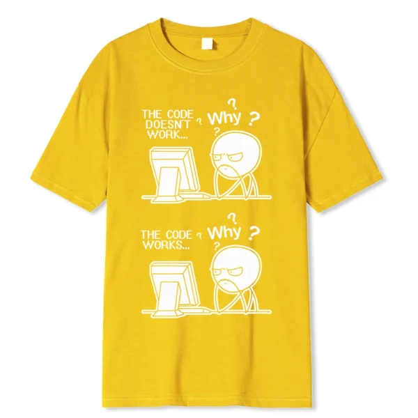 Funny "Code Works Why?" programmer t-shirt.