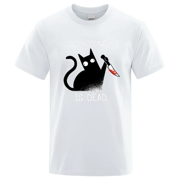 Men's black cotton t-shirt with funny 'Schrodinger Is Dead' black cat physics science graphic.