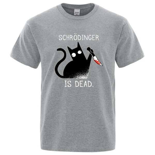 Men's black cotton t-shirt with funny 'Schrodinger Is Dead' black cat physics science graphic.