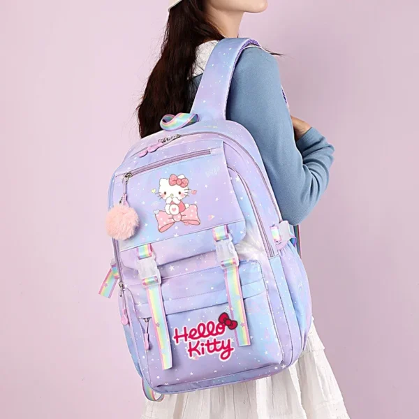Front view of the MINISO Kuromi & Cinnamoroll backpack showing the cute character print on a large nylon bag.
