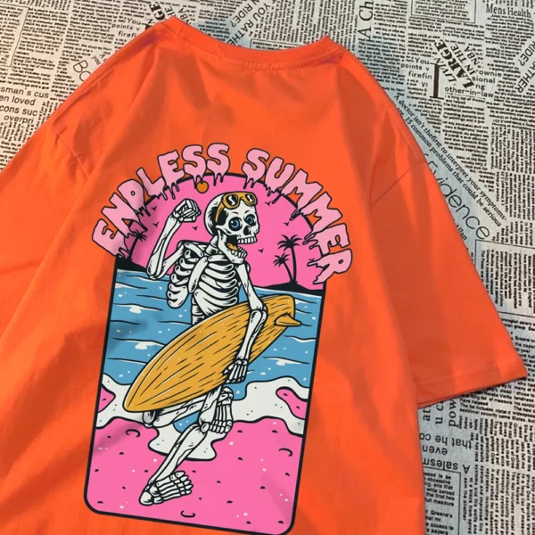 Men's white t-shirt with a skull surfing graphic design.