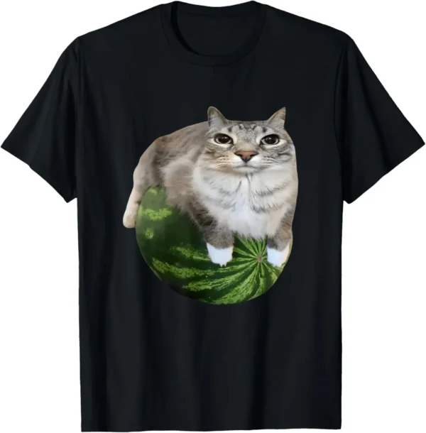 Funny unisex t-shirt featuring a silly cat wearing a watermelon helmet meme design.