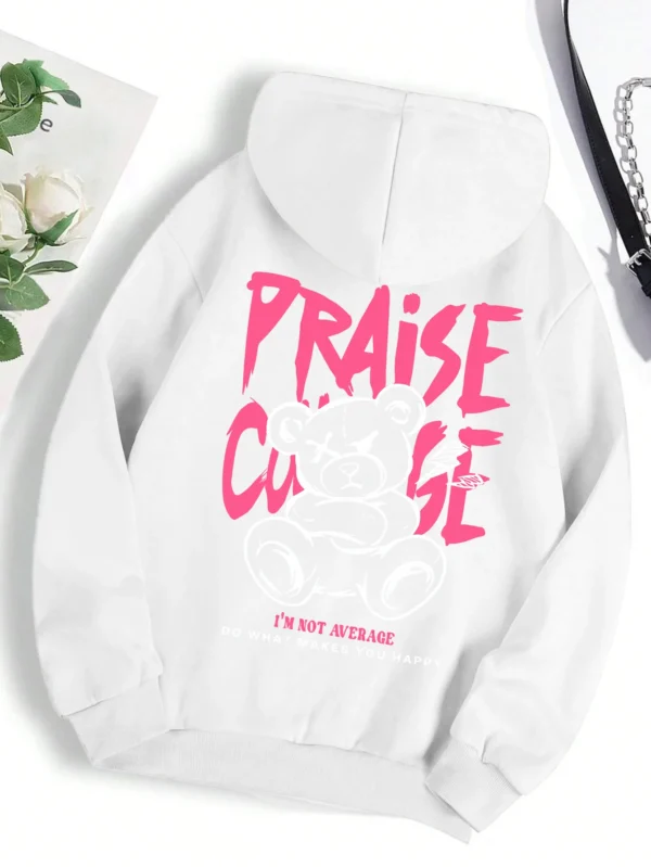 Woman wearing cute bear print fleece-lined hoodie warm autumn streetwear sweatshirt.