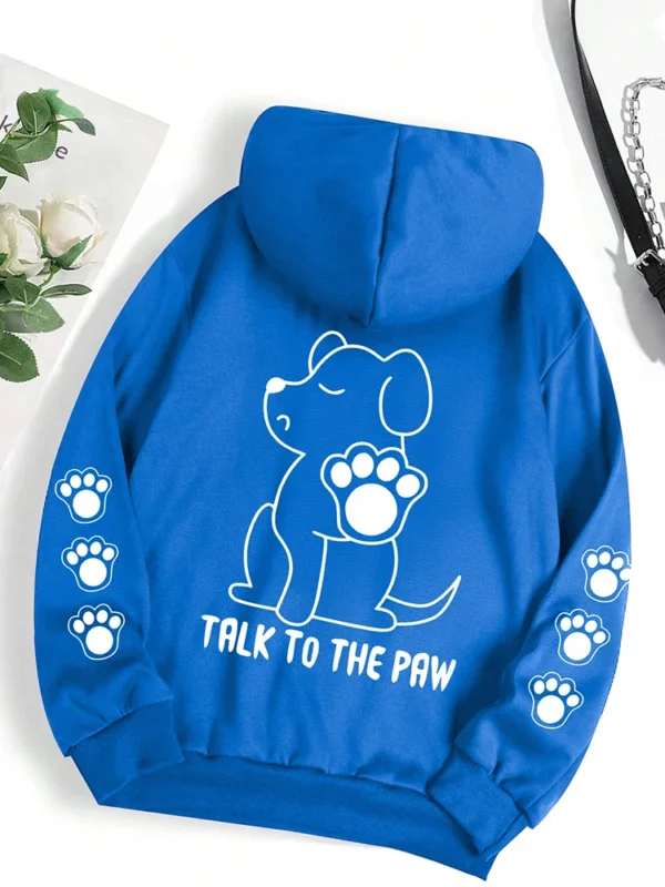 Grey pullover hoodie with warm fleece lining featuring a funny cartoon dog print that says "Talk To The Paw".