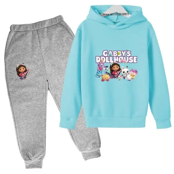 Gabby's Dollhouse kids tracksuit with colourful cartoon print hoodie and matching jogger pants for boys and girls ages 3-13.