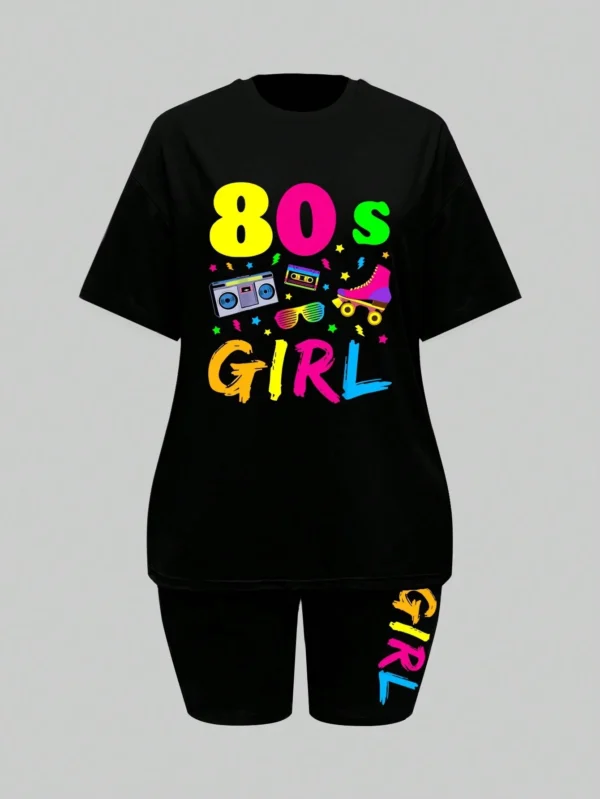 Woman wearing colorful 80s print t-shirt and matching casual shorts two-piece set.