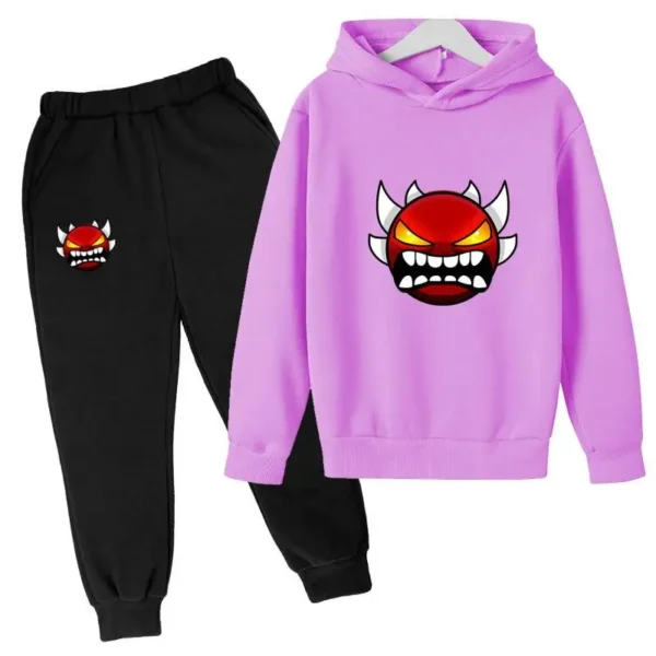 Kids cartoon geometric print pullover hoodie and matching pants tracksuit set for boys and girls.