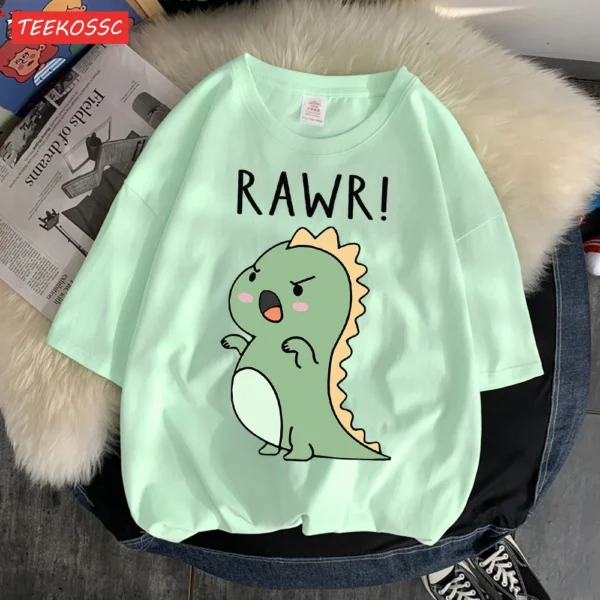 Women's regular fit short sleeve t-shirt with a fierce cartoon dinosaur print on the front.