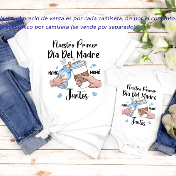 Mom in custom name t-shirt smiles beside baby wearing matching personalized 'Our First Mother's Day' bodysuit.