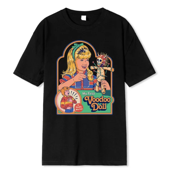 Men's black voodoo doll horror comic t-shirt.