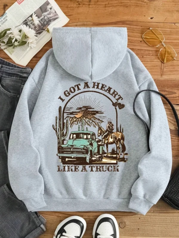 Women's casual streetwear hoodie with graphic print and warm faux fur lining - Autumn/Winter style. ```