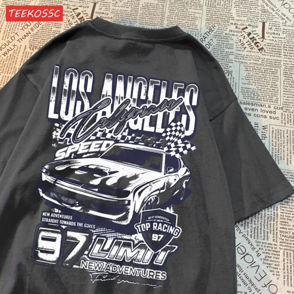 Loose fit t-shirt featuring a vibrant cartoon racing car graphic print.