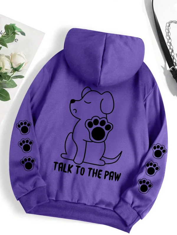 Grey pullover hoodie with warm fleece lining featuring a funny cartoon dog print that says "Talk To The Paw".