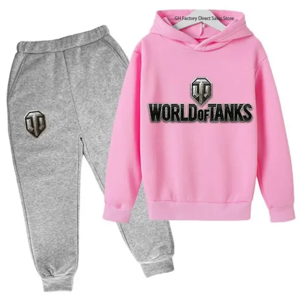 Kid wearing World of Tanks gaming tracksuit set with pullover hoodie and matching joggers - suitable for boys and girls.