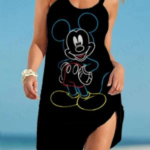 Woman wearing Disney Mickey & Minnie print ruffled summer camisole dress with A-line skirt.