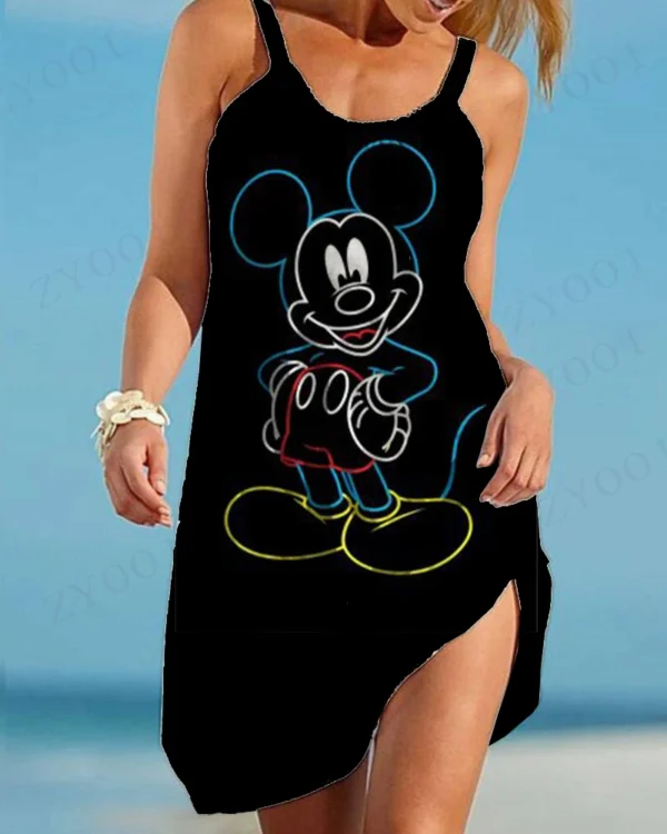 Woman wearing Disney Mickey & Minnie print ruffled summer camisole dress with A-line skirt.
