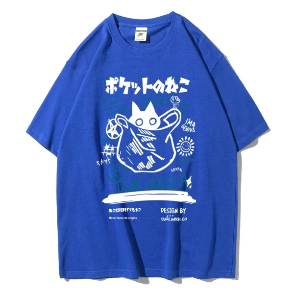 Unisex white t-shirt with large kawaii cartoon cat graphic print on the front