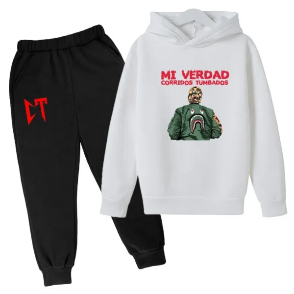 Kids unisex Corridos Tumbados print tracksuit set with pullover hoodie and pants - front view.