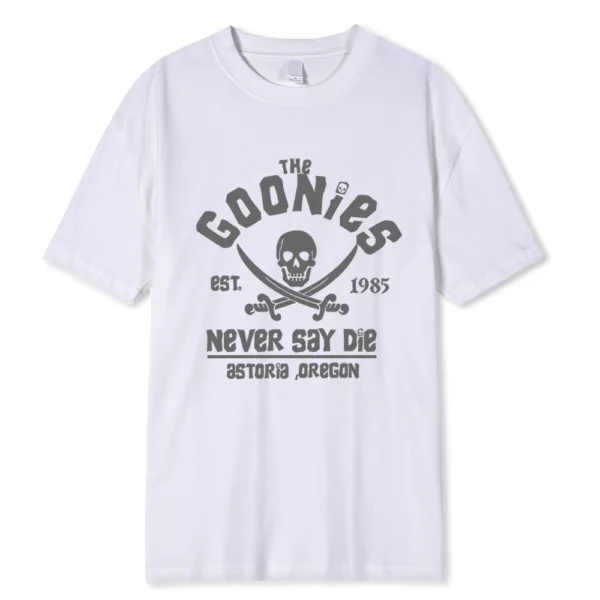 Men's black cotton Goonies t-shirt with white 'Never Say Die' text graphic. Retro 80s movie fan apparel.