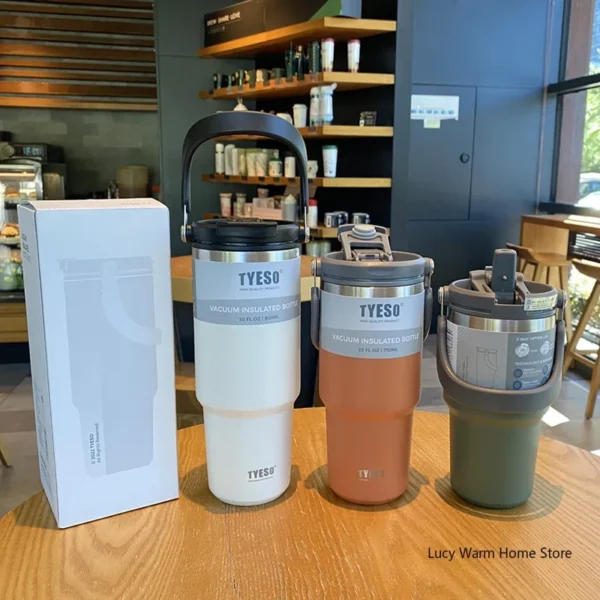 Tyeso vacuum insulated stainless steel travel mug for hot and cold drinks.