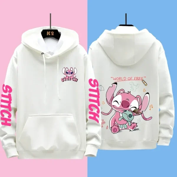 Couple wearing matching grey Disney Stitch pullover hoodies sweatshirt set - official licensed apparel.