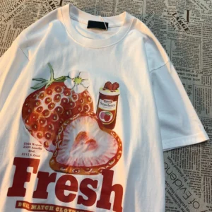 Unisex t-shirt with American retro strawberry graphic print. Loose fit