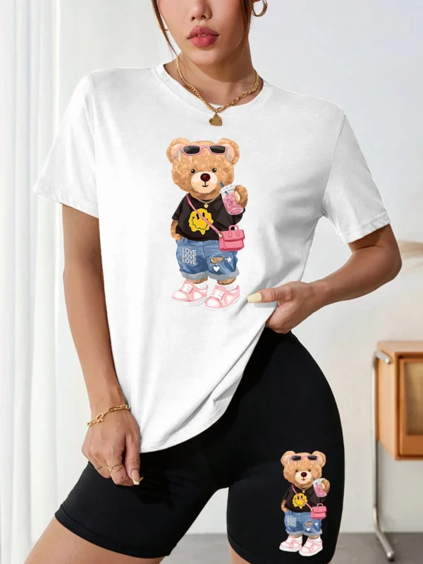 Women's bear & milk tea print t-shirt and shorts set - cute summer two piece outfit