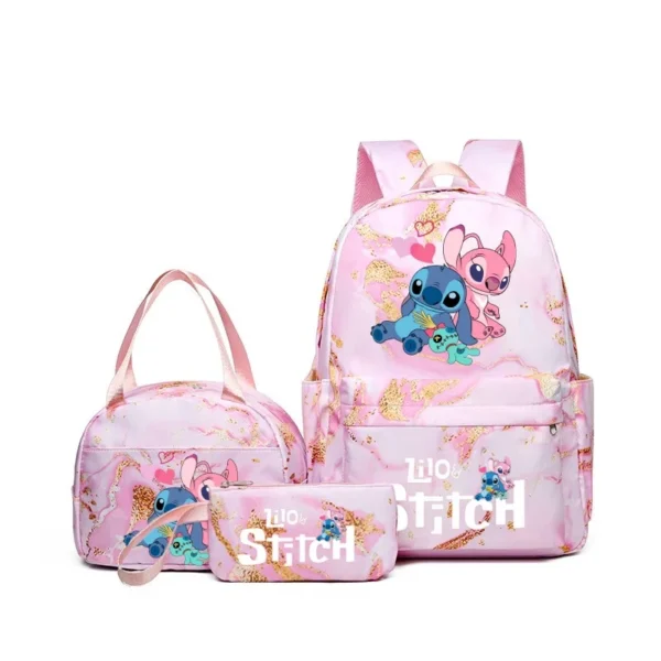 Stitch print 3-piece backpack set with matching tote bag and pencil pouch displayed together against a neutral background.