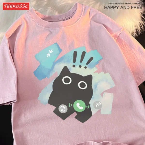 Woman wearing a cute scared cat graphic t-shirt.
