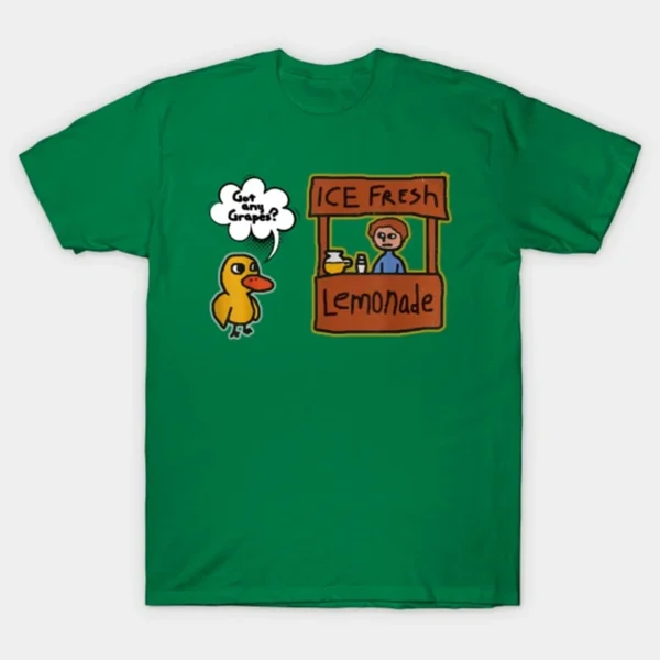 Funny "Got Grapes?" lemonade graphic t-shirt.