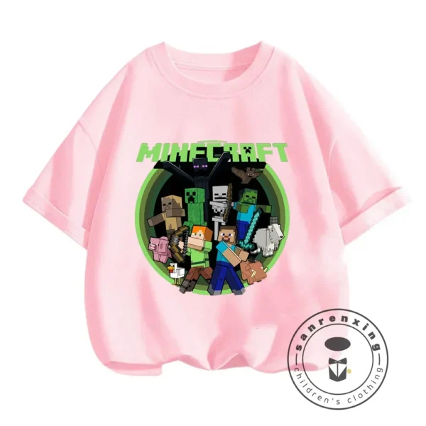 Front view of a boys short-sleeve O-neck t-shirt with a Minecraft graphic print.
