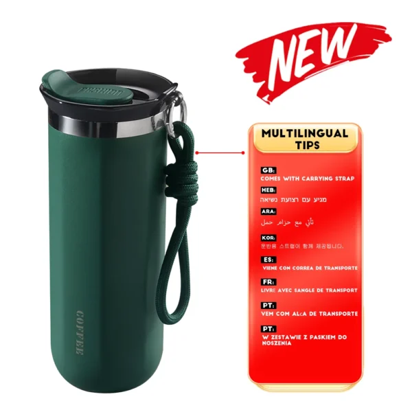 Stainless steel insulated travel mug with leakproof lid for coffee or water.